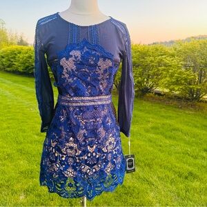 Angel Angel Royal Blue Guipure Lace Mini Dress 3/4 Sleeve Mesh Back NWT Small